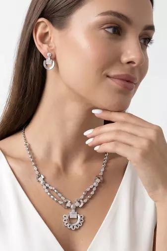 925 sterling silver celeste dual chain pendant necklace set with earrings