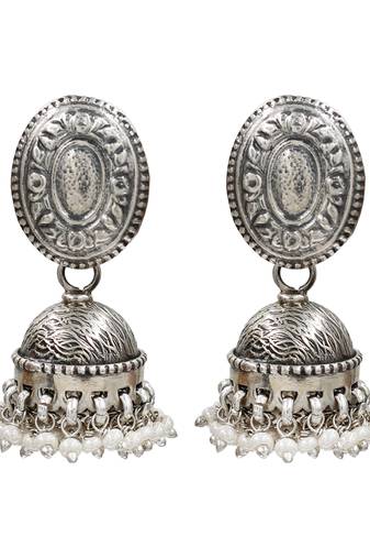 Silver plated pearl oxidised jhumka earrings