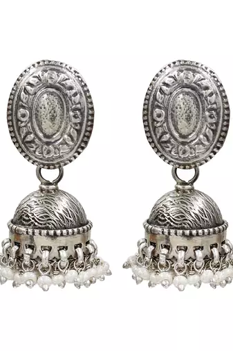 Silver plated pearl oxidised jhumka earrings
