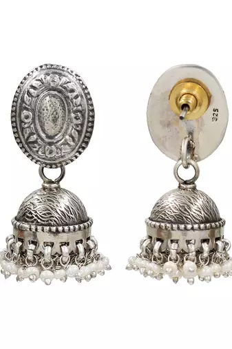 Silver plated pearl oxidised jhumka earrings