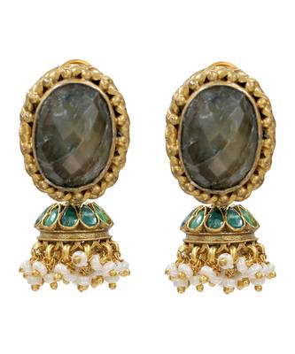 Gold plated green stone pearl jhumka earrings 1