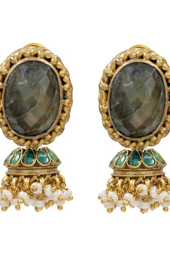 Gold plated green stone pearl jhumka earrings