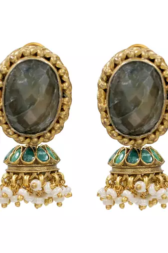 Gold plated green stone pearl jhumka earrings