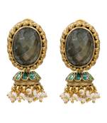 Gold plated green stone pearl jhumka earrings