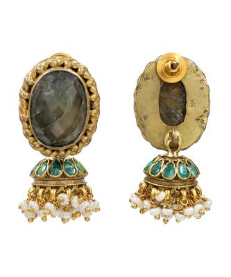 Gold plated green stone pearl jhumka earrings 2