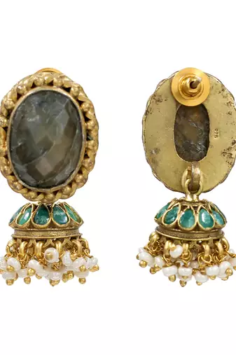 Gold plated green stone pearl jhumka earrings