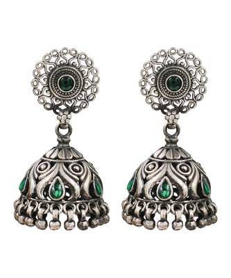 Silver plated green kundan oxidised jhumka earrings 1