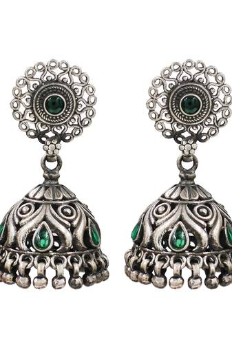 Silver plated green kundan oxidised jhumka earrings