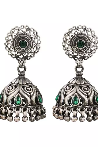 Silver plated green kundan oxidised jhumka earrings