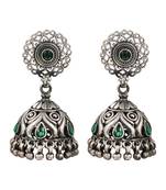 Silver plated green kundan oxidised jhumka earrings