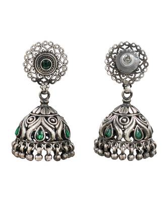 Silver plated green kundan oxidised jhumka earrings 2