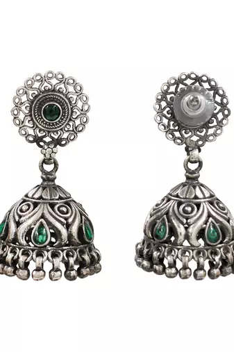 Silver plated green kundan oxidised jhumka earrings