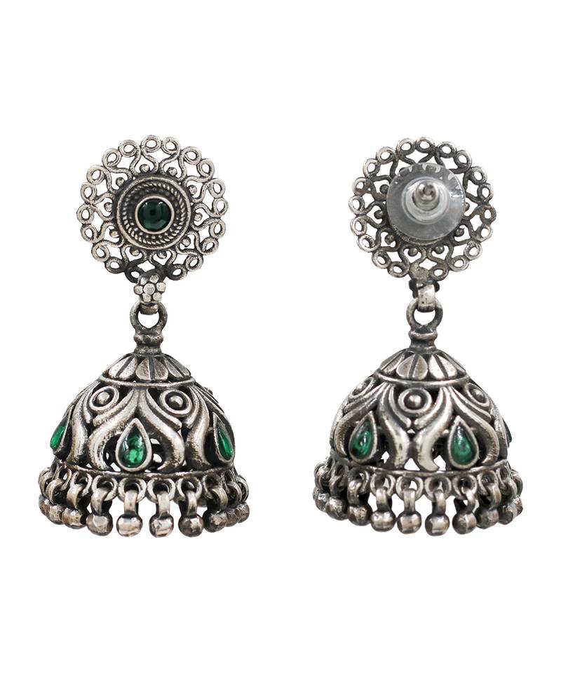 Silver plated green kundan oxidised jhumka earrings