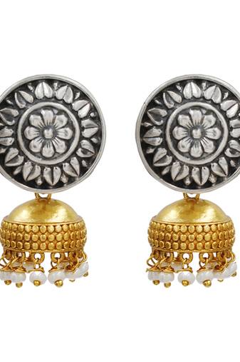 Dual tone ethnic pearl drop jhumka earrings