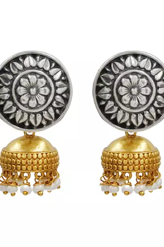 Dual tone ethnic pearl drop jhumka earrings