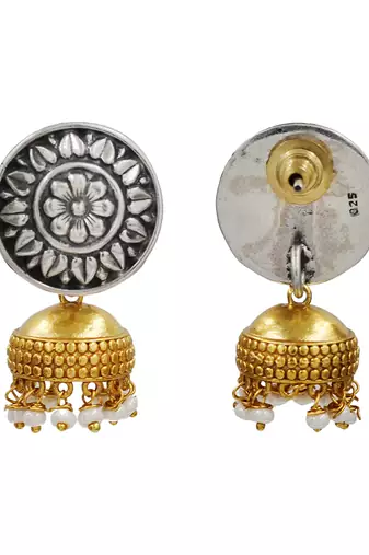 Dual tone ethnic pearl drop jhumka earrings