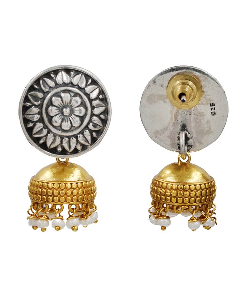 Dual tone ethnic pearl drop jhumka earrings