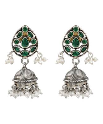 Silver plated green kundan stones pearl jhumka earrings 1