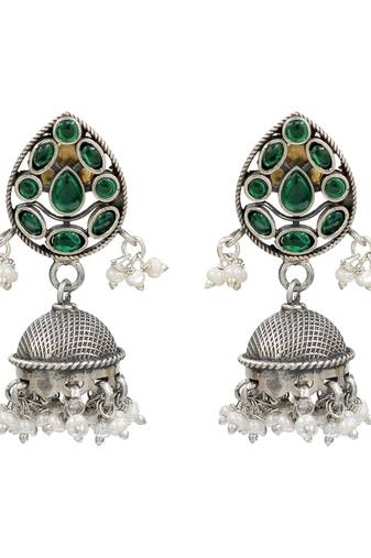 Silver plated green kundan stones pearl jhumka earrings
