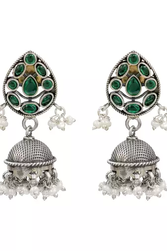 Silver plated green kundan stones pearl jhumka earrings