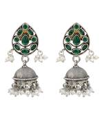 Silver plated green kundan stones pearl jhumka earrings