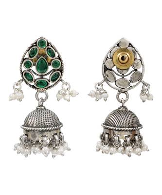 Silver plated green kundan stones pearl jhumka earrings 2