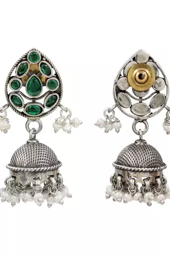 Silver plated green kundan stones pearl jhumka earrings