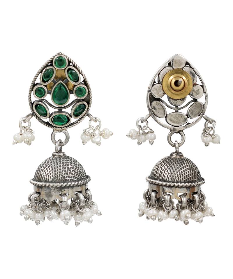 Silver plated green kundan stones pearl jhumka earrings
