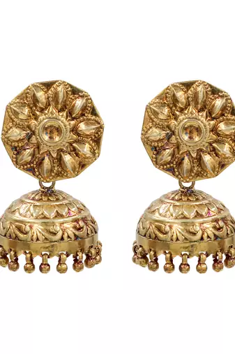 Gold plated floral motif jhumka earrings