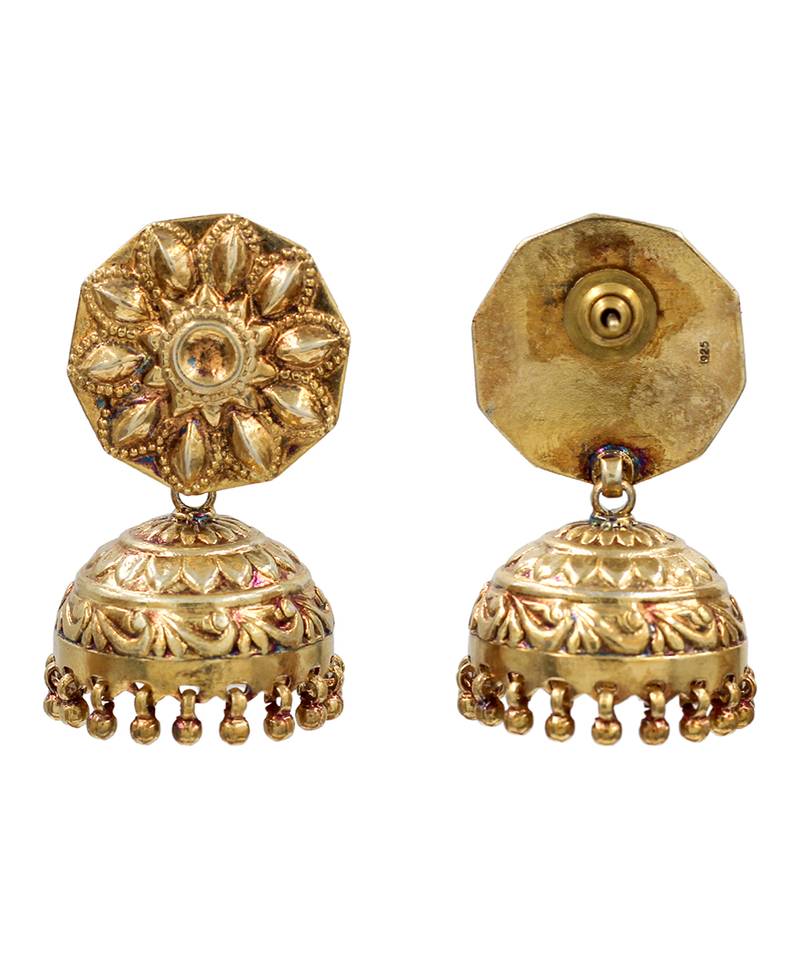 Gold plated floral motif jhumka earrings