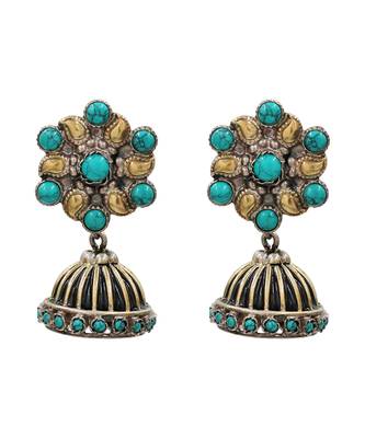 Dual tone turquoise blue stones jhumka earrings 1