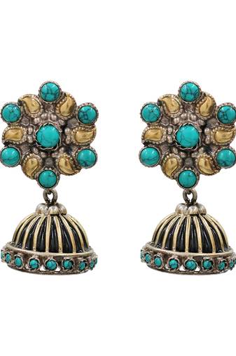 Dual tone turquoise blue stones jhumka earrings