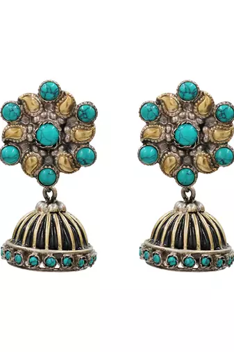 Dual tone turquoise blue stones jhumka earrings