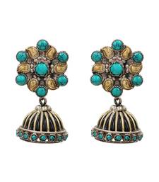 Dual tone turquoise blue stones jhumka earrings