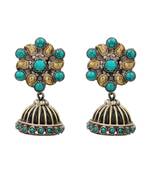 Dual tone turquoise blue stones jhumka earrings