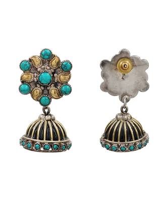 Dual tone turquoise blue stones jhumka earrings 2