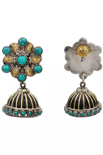 Dual tone turquoise blue stones jhumka earrings