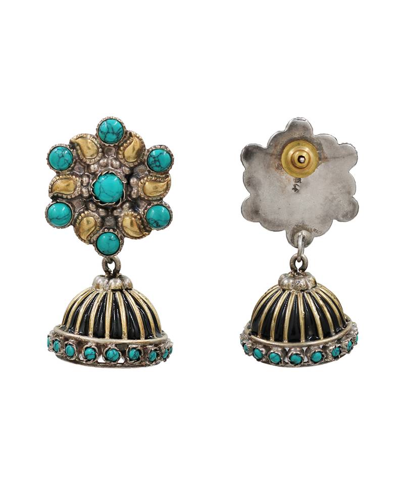 Dual tone turquoise blue stones jhumka earrings