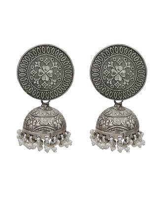 Silver plated hanging pearl jhumka earrings 1
