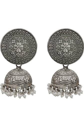 Silver plated hanging pearl jhumka earrings