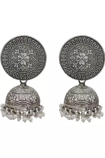 Silver plated hanging pearl jhumka earrings
