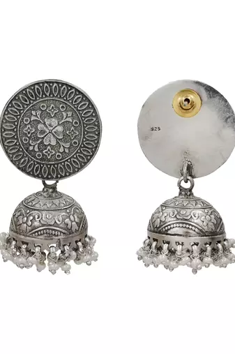 Silver plated hanging pearl jhumka earrings