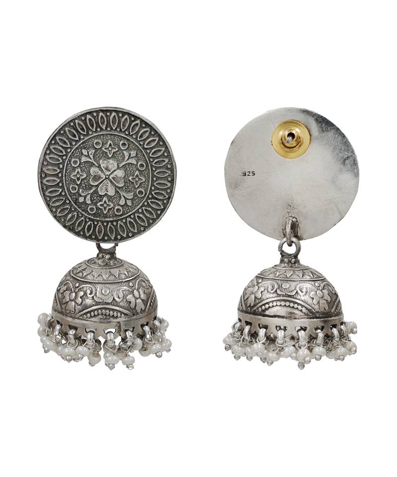 Silver plated hanging pearl jhumka earrings