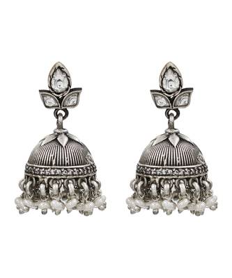 Silver plated kundan pearl jhumka earrings 1