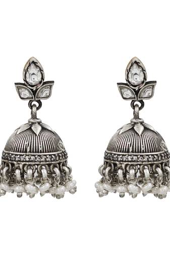 Silver plated kundan pearl jhumka earrings