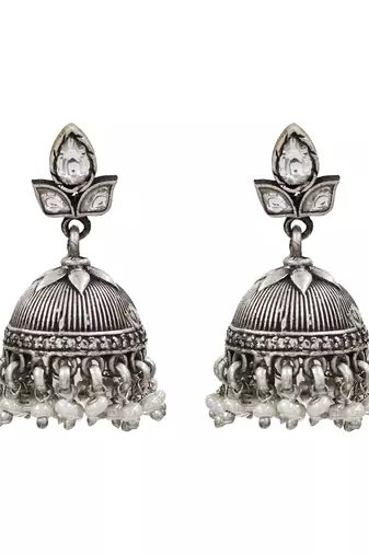 Silver plated kundan pearl jhumka earrings