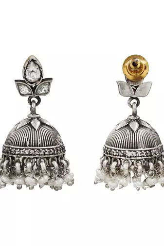 Silver plated kundan pearl jhumka earrings