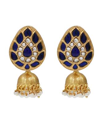 Gold plated blue kundan stone jhumka earrings 1