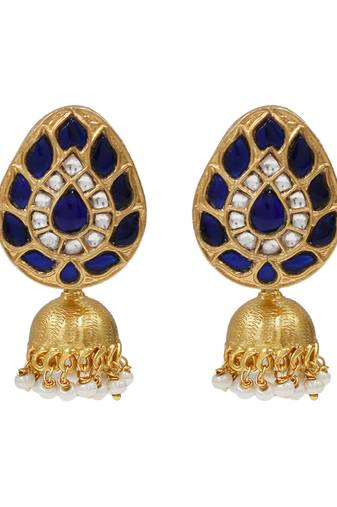 Gold plated blue kundan stone jhumka earrings
