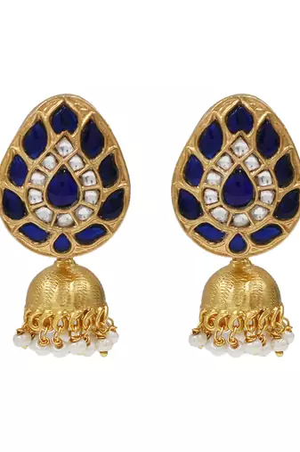 Gold plated blue kundan stone jhumka earrings